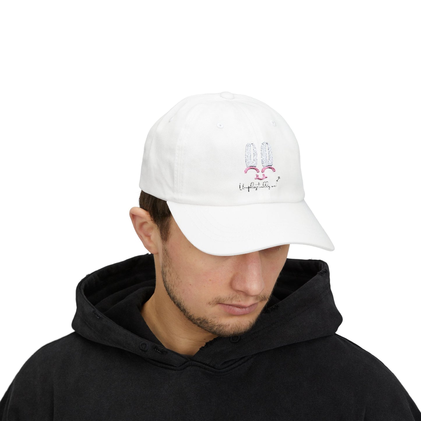 Model wearing the Unapologetically Me Classic Dad Hat in white, showing a casual fit