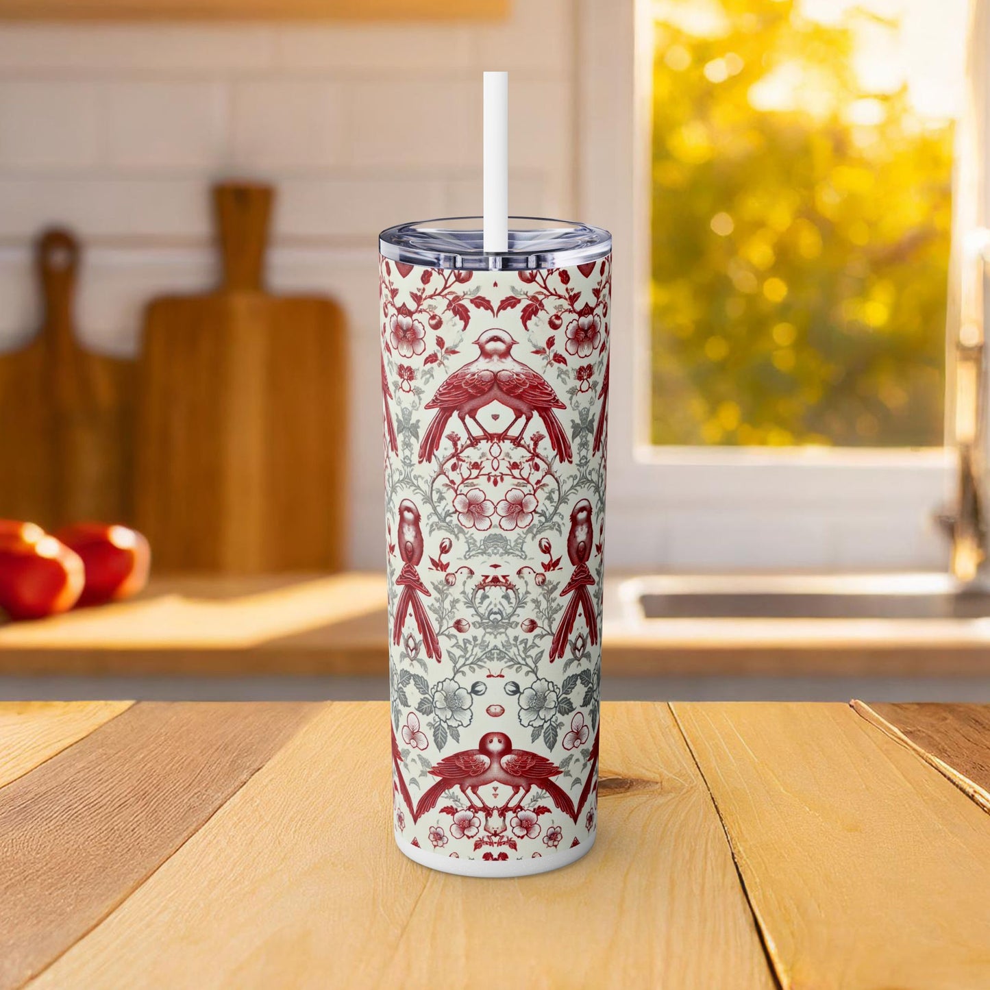 Red & White Chinoiserie Bird Tumbler – 20oz Maars Skinny Tumbler with Straw | Insulated Stainless Steel Travel Mug