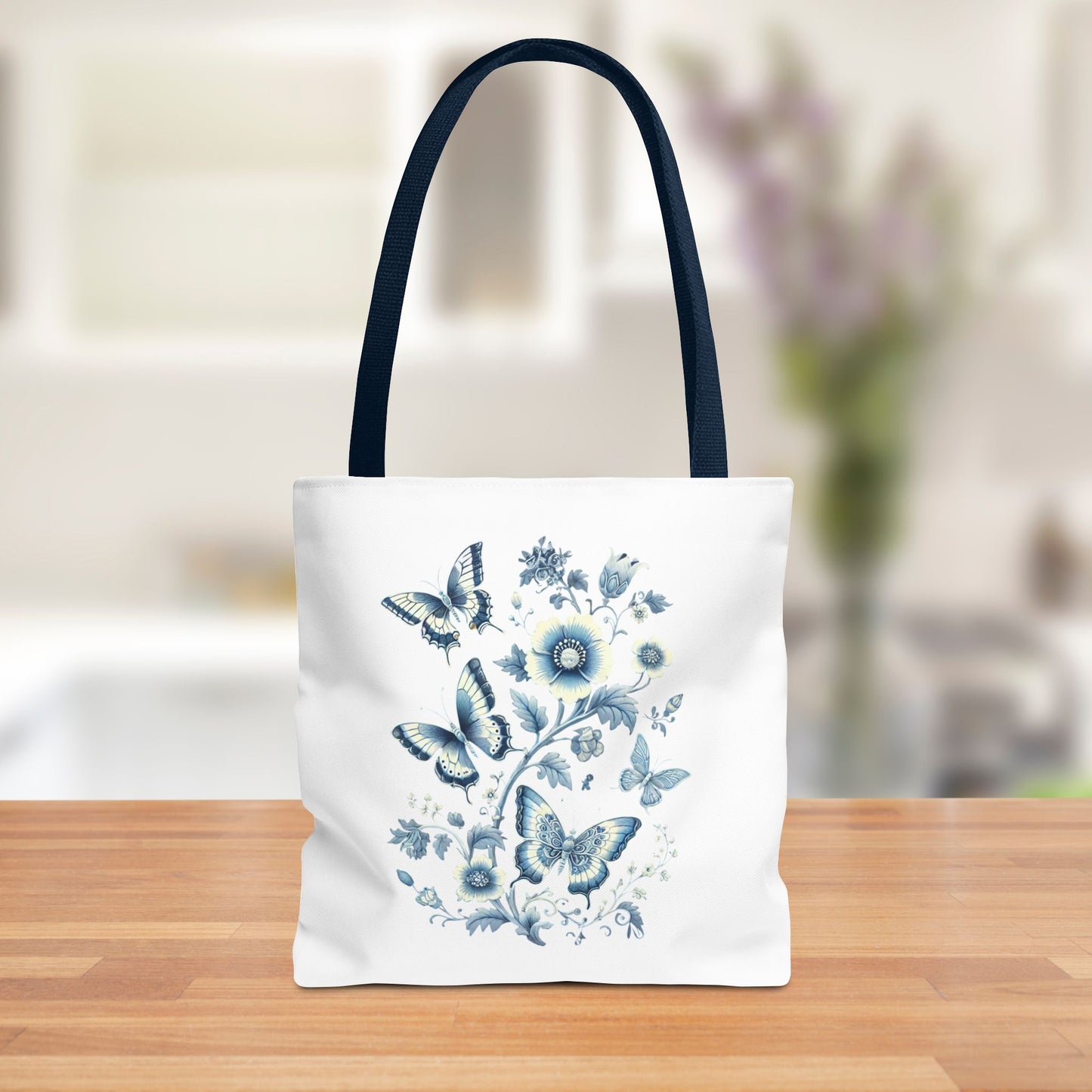 Chinoiserie Butterfly Tote Bag – Elegant Blue & White Floral Tote | Soft Polyester Shopping Bag | Aesthetic Everyday Carry-All