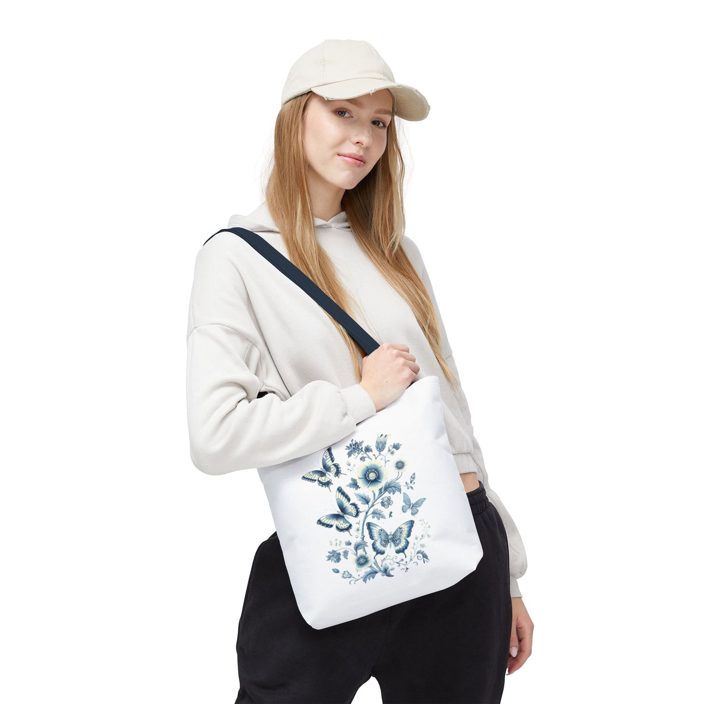 Chinoiserie Butterfly Tote Bag – Elegant Blue & White Floral Tote | Soft Polyester Shopping Bag | Aesthetic Everyday Carry-All