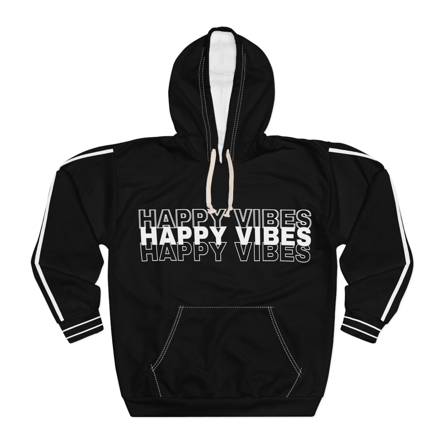 Black Happy Vibes hoodie front design with bold typography