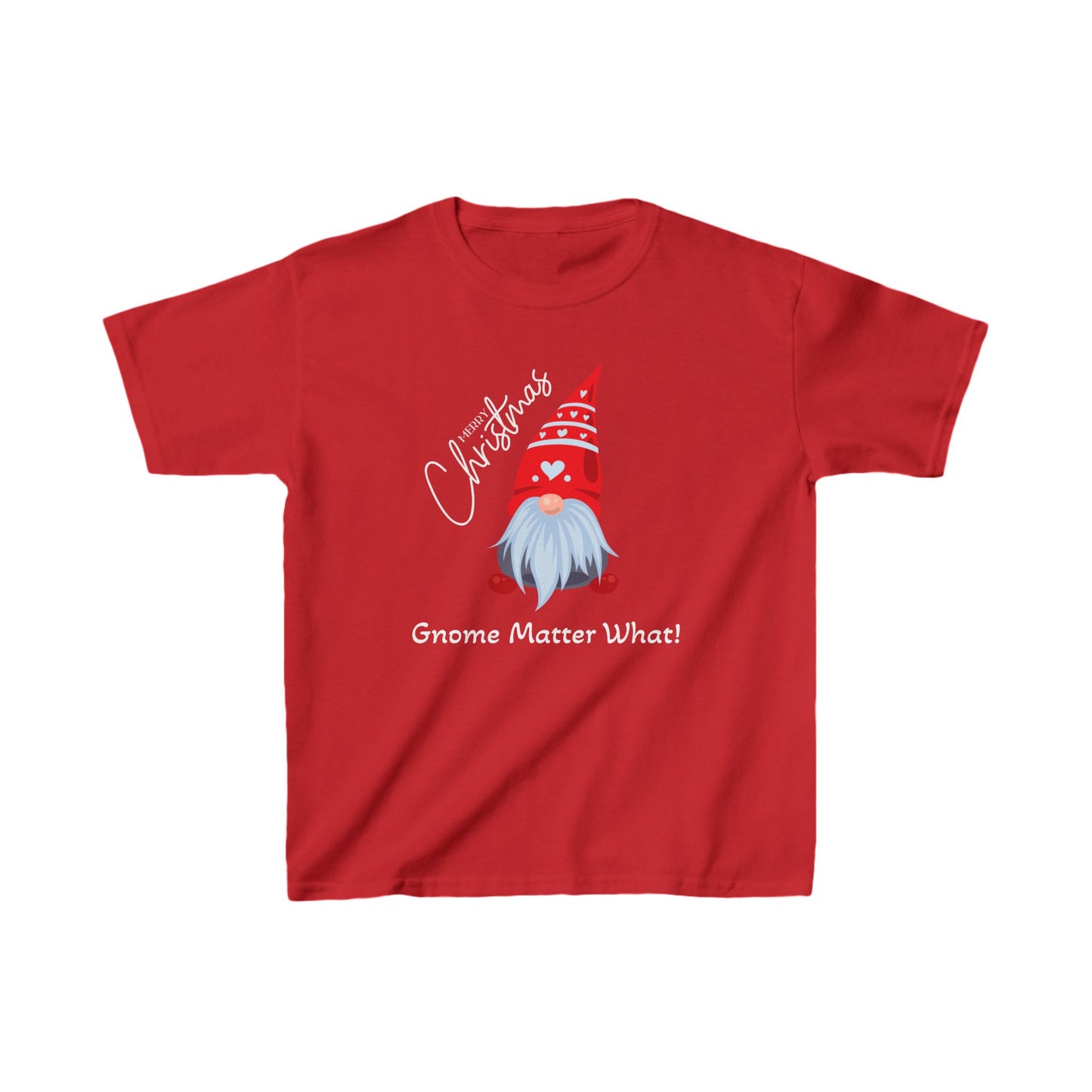 Front view of red Christmas gnome unisex t-shirt with whimsical design