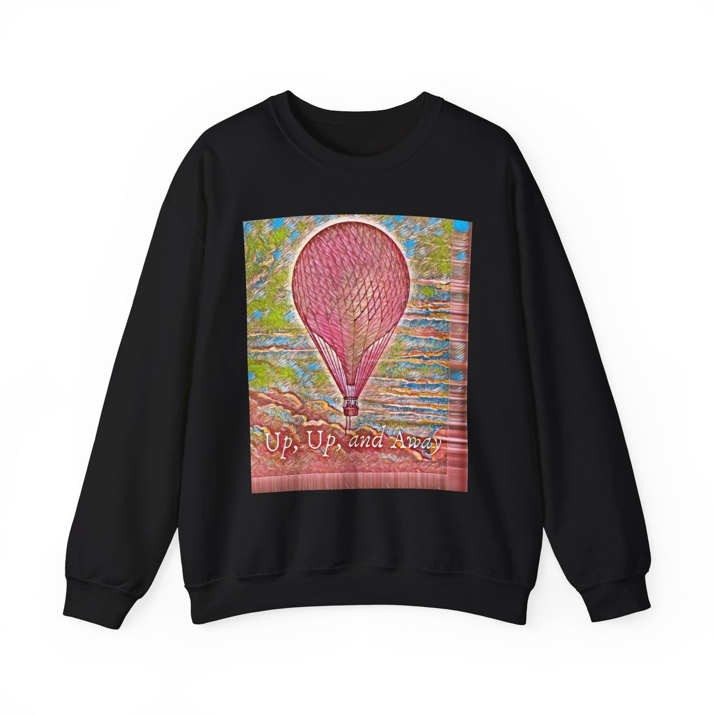 Front view of the "Up, Up, and Away" pink hot air balloon sweatshirt in black, featuring a whimsical design