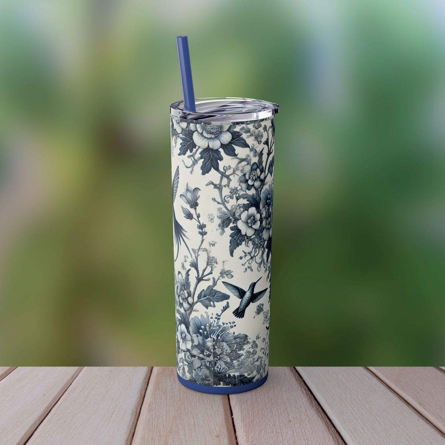 Blue & White Chinoiserie Hummingbird Tumbler | 20oz Maars Skinny Insulated Travel Mug with Lid & Straw | Elegant Floral Bird Design | Gift for Tea & Coffee Lovers