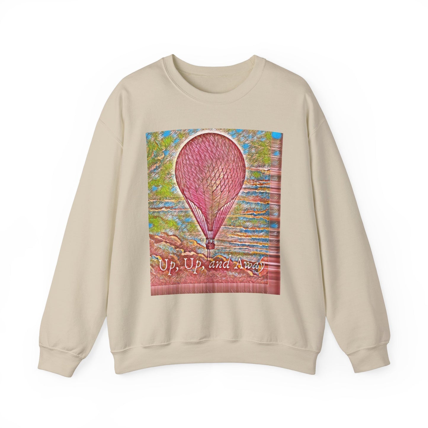 Front view of the "Up, Up, and Away" pink hot air balloon sweatshirt in sand, featuring a whimsical design