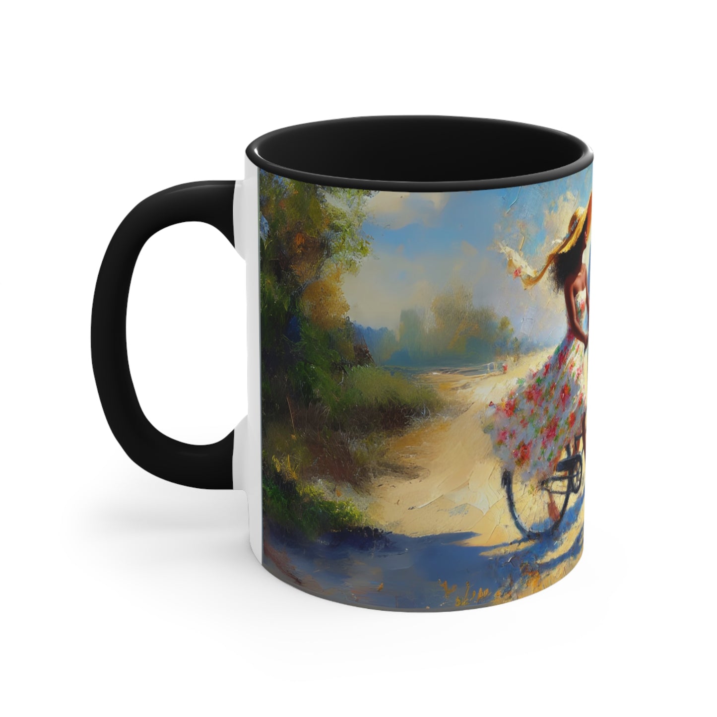 Romantic Beach Scene Coffee Mug | Couple on Bicycle with Floral Basket | Summer-Themed 11oz Ceramic Mug | Gift for Couples
