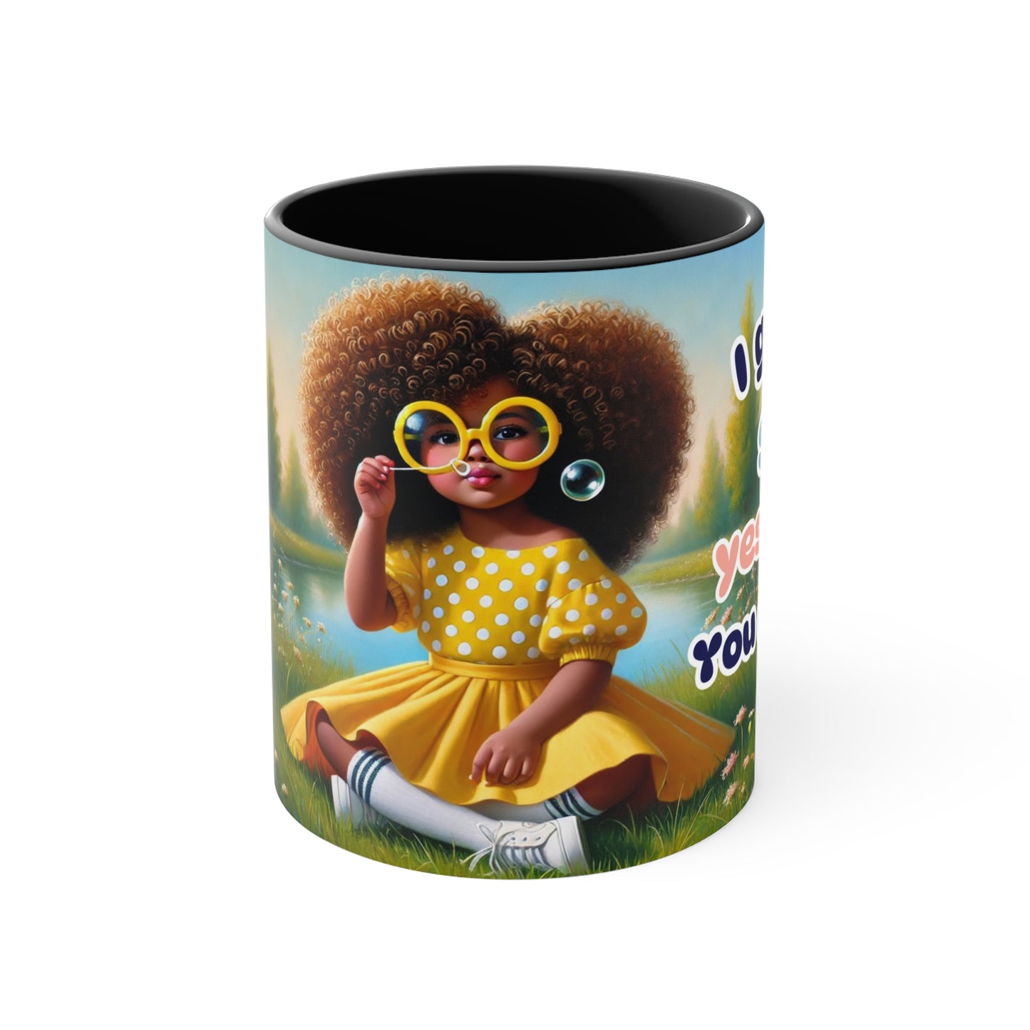 Coffee mug with humorous text "I gave a sh*t yesterday. You missed it!" and Afrocentric art, featuring a whimsical meadow background.