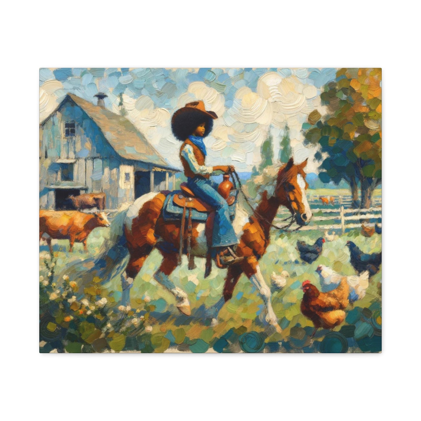 Rustic Farmhouse Wall Art | Cowgirl on Horse Stretched Canvas | Country Barnyard Decor