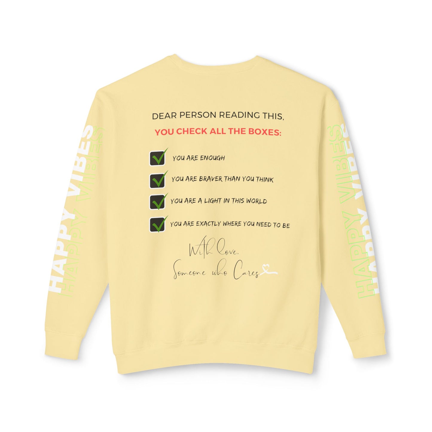 Back view of the Butter color sweatshirt featuring positive affirmations in checklist format.
