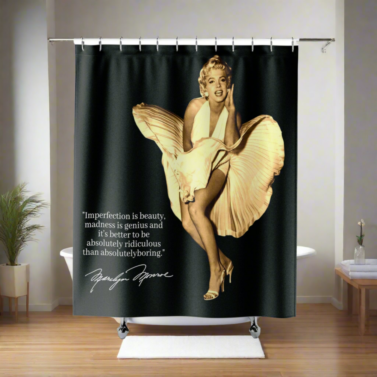 Marilyn Monroe iconic white dress shower curtain with famous inspirational quote
