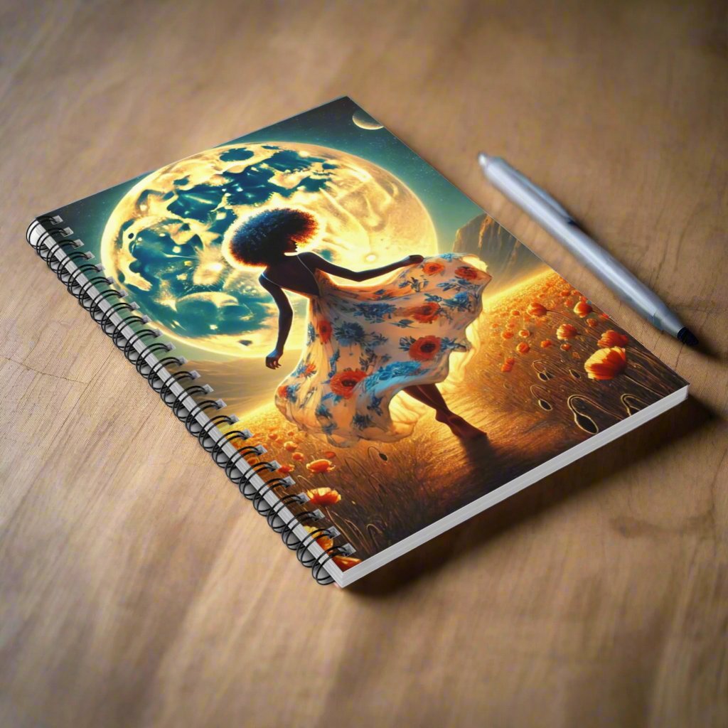 "Moonlit Elegance" Spiral Notebook | Artistic Journal with Floral Dress and Celestial Moon Design | Inspirational Stationery for Writers and Dreamers