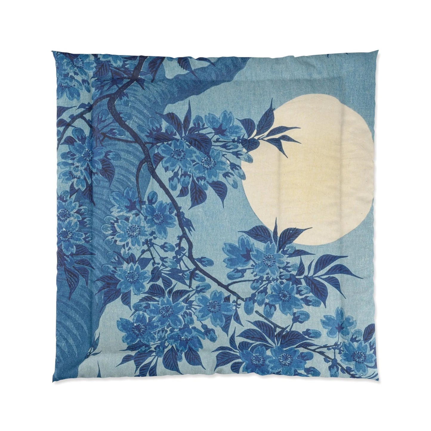 Full view of the Blue Cherry Blossom and Full Moon Art Blanket showing intricate floral details and a serene moonlit sky.