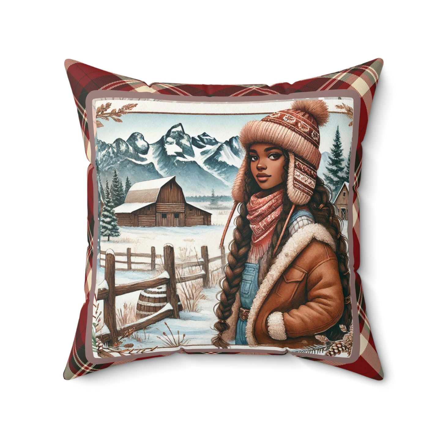 Front view of a throw pillow featuring an African American cowgirl in a winter ranch setting, framed by plaid borders.