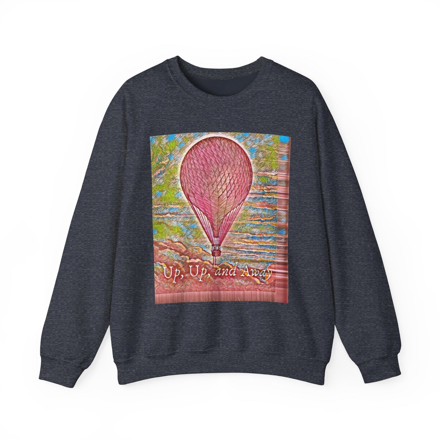 Front view of the "Up, Up, and Away" pink hot air balloon sweatshirt in grey, featuring a whimsical design