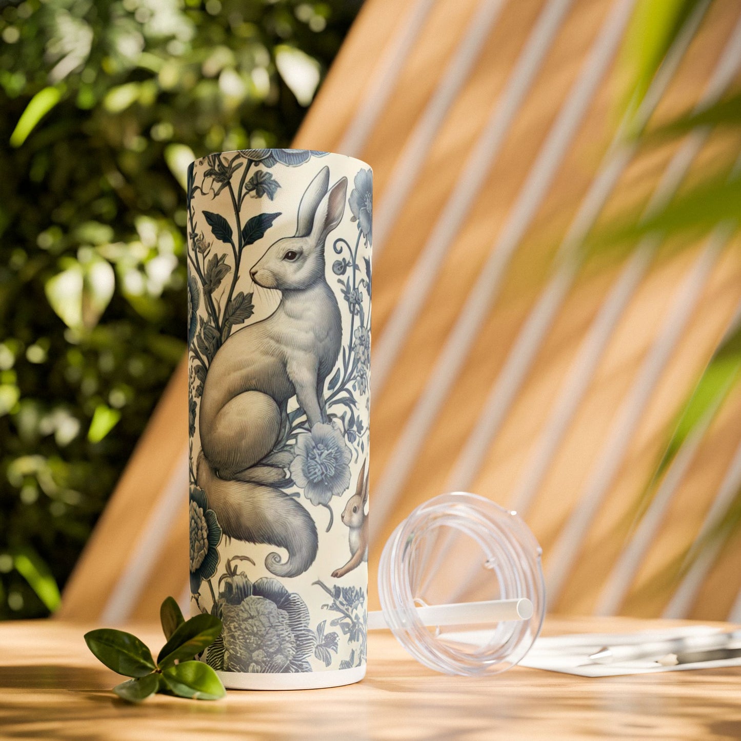 Chinoiserie Blue & White Forest Animals Tumbler | 20oz Maars Stainless Steel Insulated Tumbler with Lid & Straw | Fox & Rabbit Floral Travel Mug