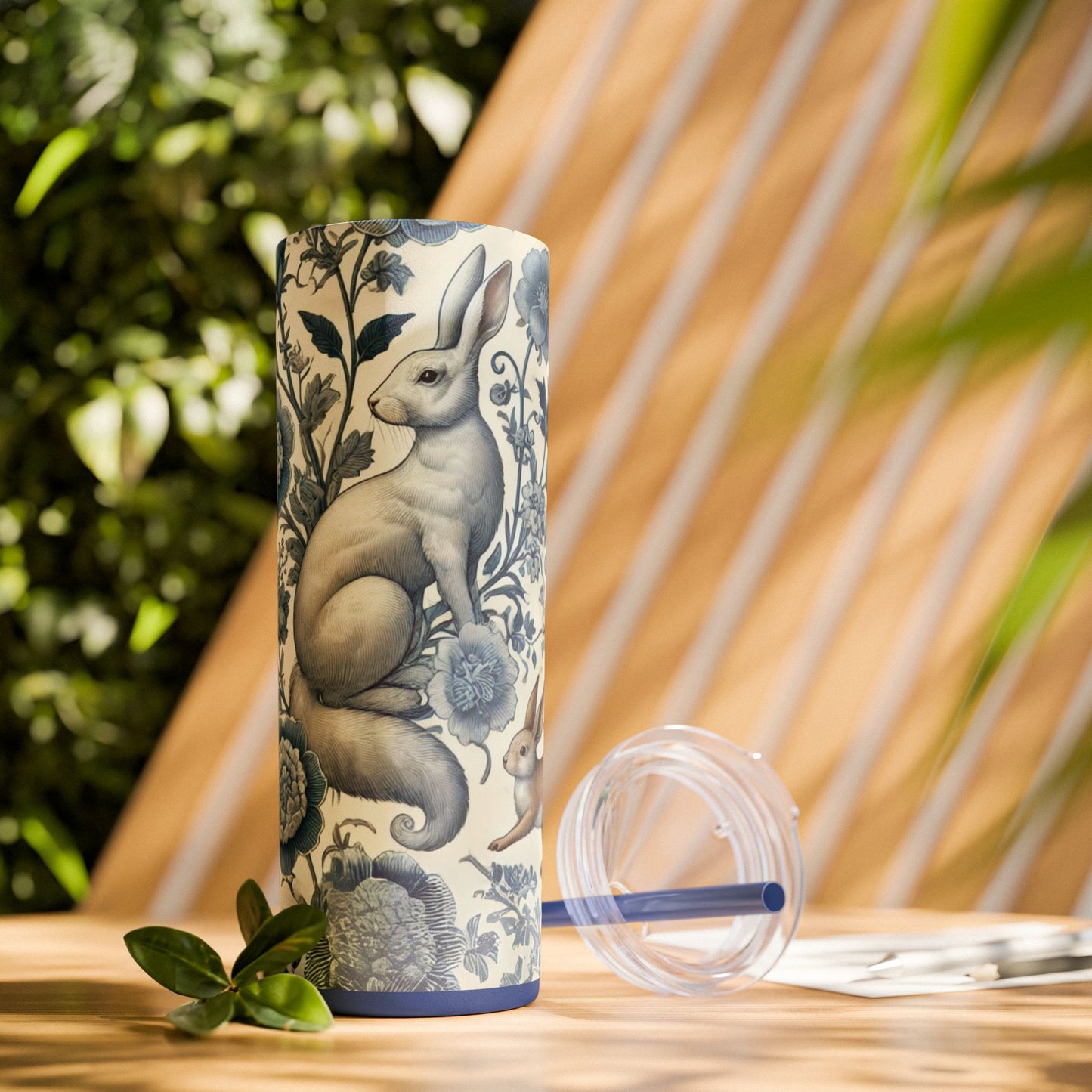 Chinoiserie Blue & White Forest Animals Tumbler | 20oz Maars Stainless Steel Insulated Tumbler with Lid & Straw | Fox & Rabbit Floral Travel Mug