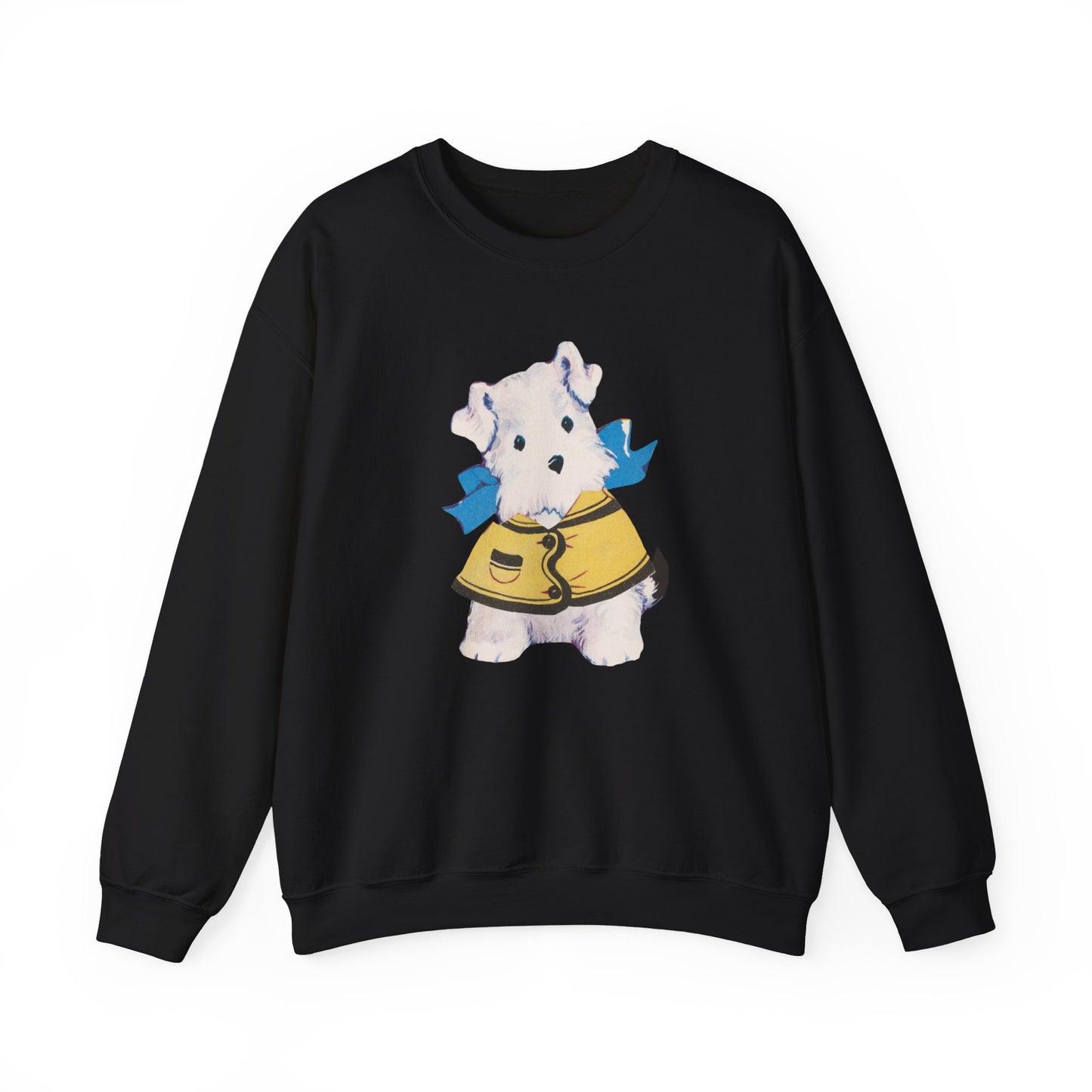 Black sweatshirt featuring a front illustration of Bitsy, the vintage paper doll dog, with a yellow jacket and blue bow.