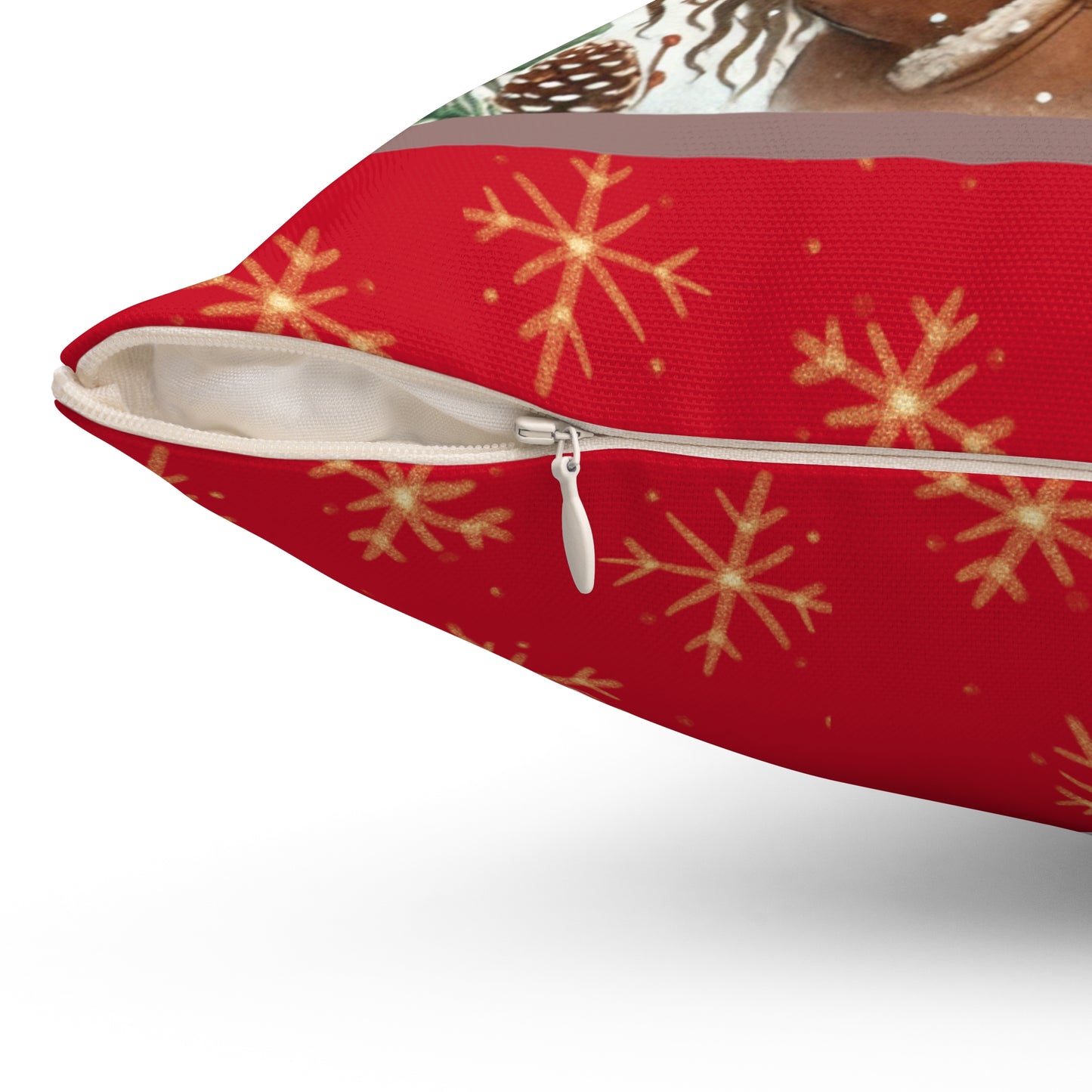 Zipper detail of the holiday throw pillow cover for easy removal and washing.