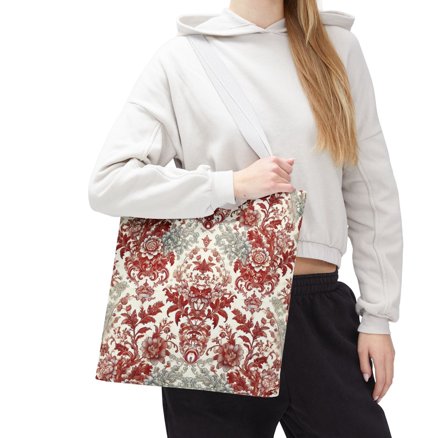 Luxury Red & Gray Chinoiserie Tote Bag – Elegant Floral Baroque Design | Black or White Handles | Stylish Everyday Carryall