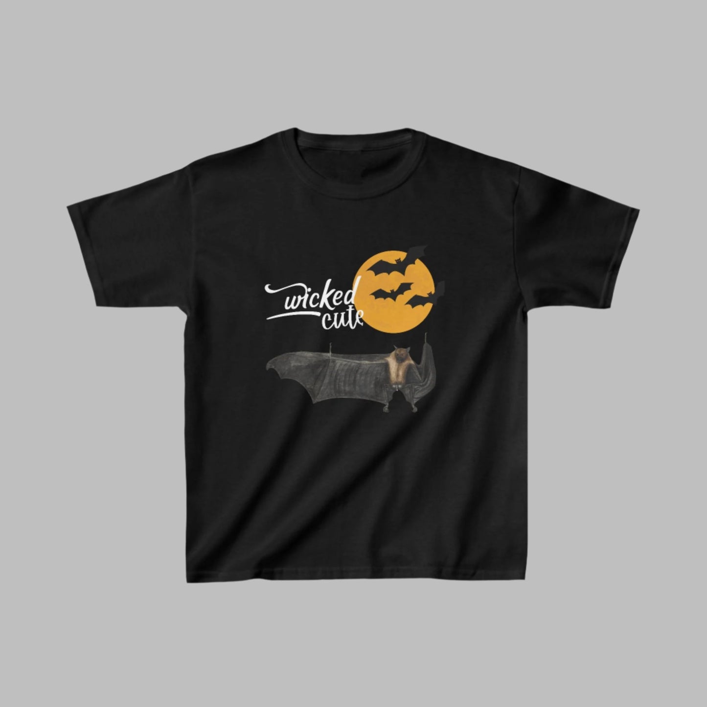 Front view of a black Wicked Cute Bat Halloween Kids T-Shirt with a spooky bat design, perfect for Halloween.