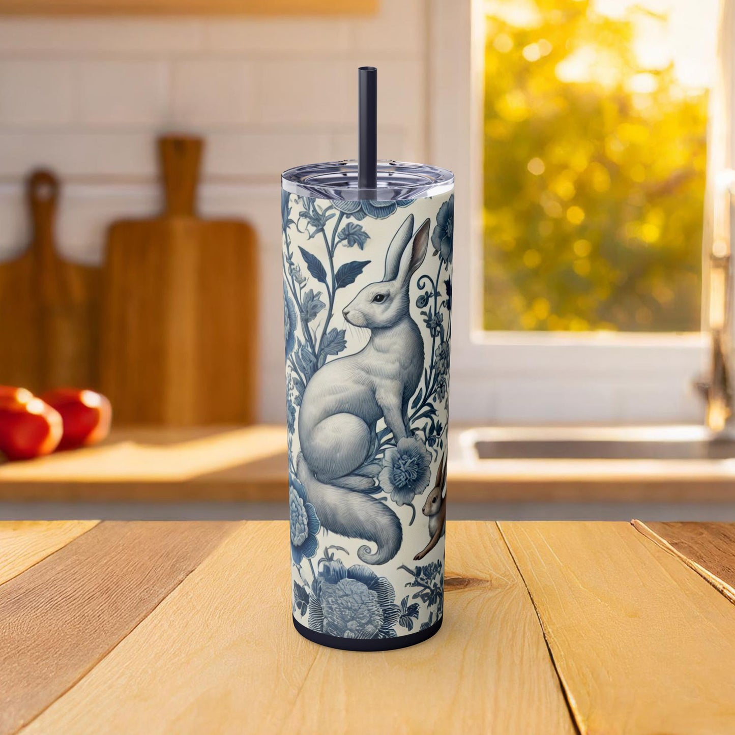 Chinoiserie Blue & White Forest Animals Tumbler | 20oz Maars Stainless Steel Insulated Tumbler with Lid & Straw | Fox & Rabbit Floral Travel Mug
