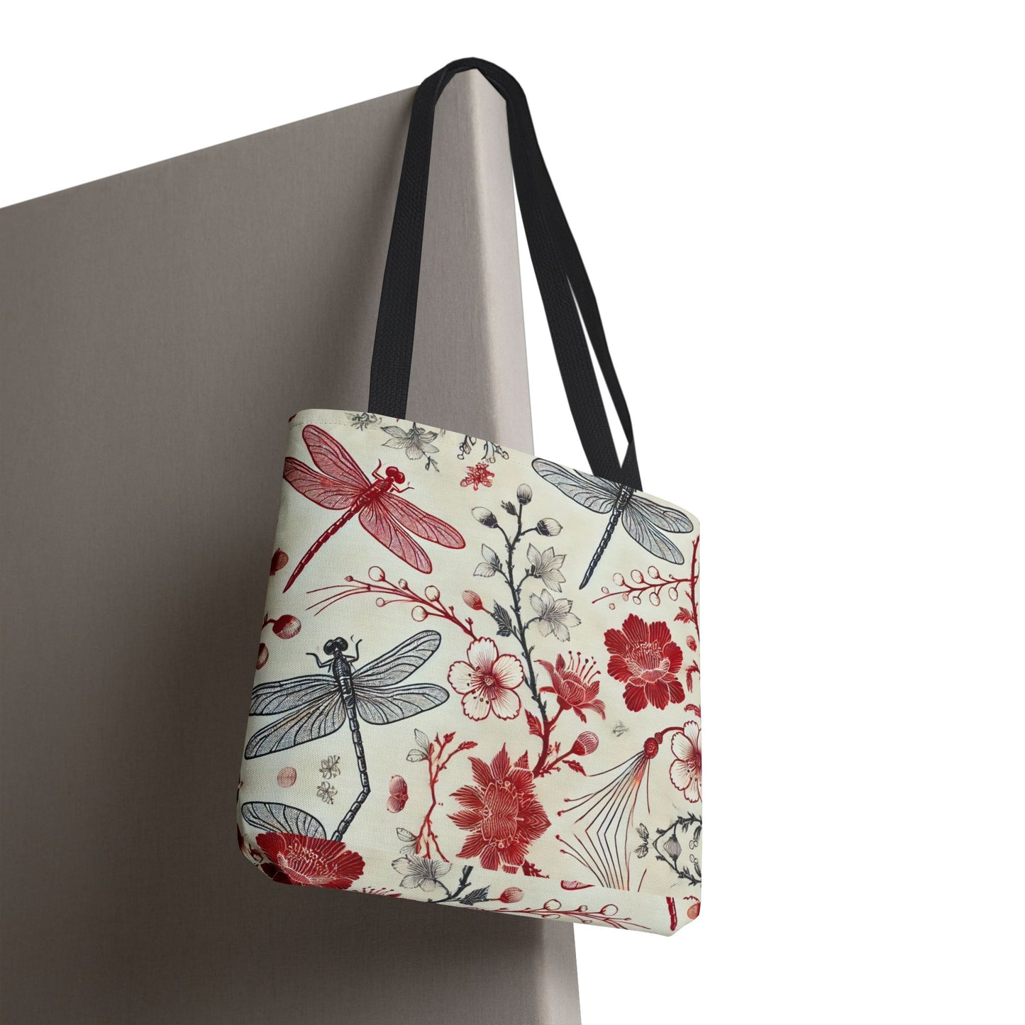 Dragonfly Floral Chinoiserie Tote Bag | Elegant Red & Black Insect Print Bag | Eco-Friendly Polyester Tote | Nature-Inspired Gift