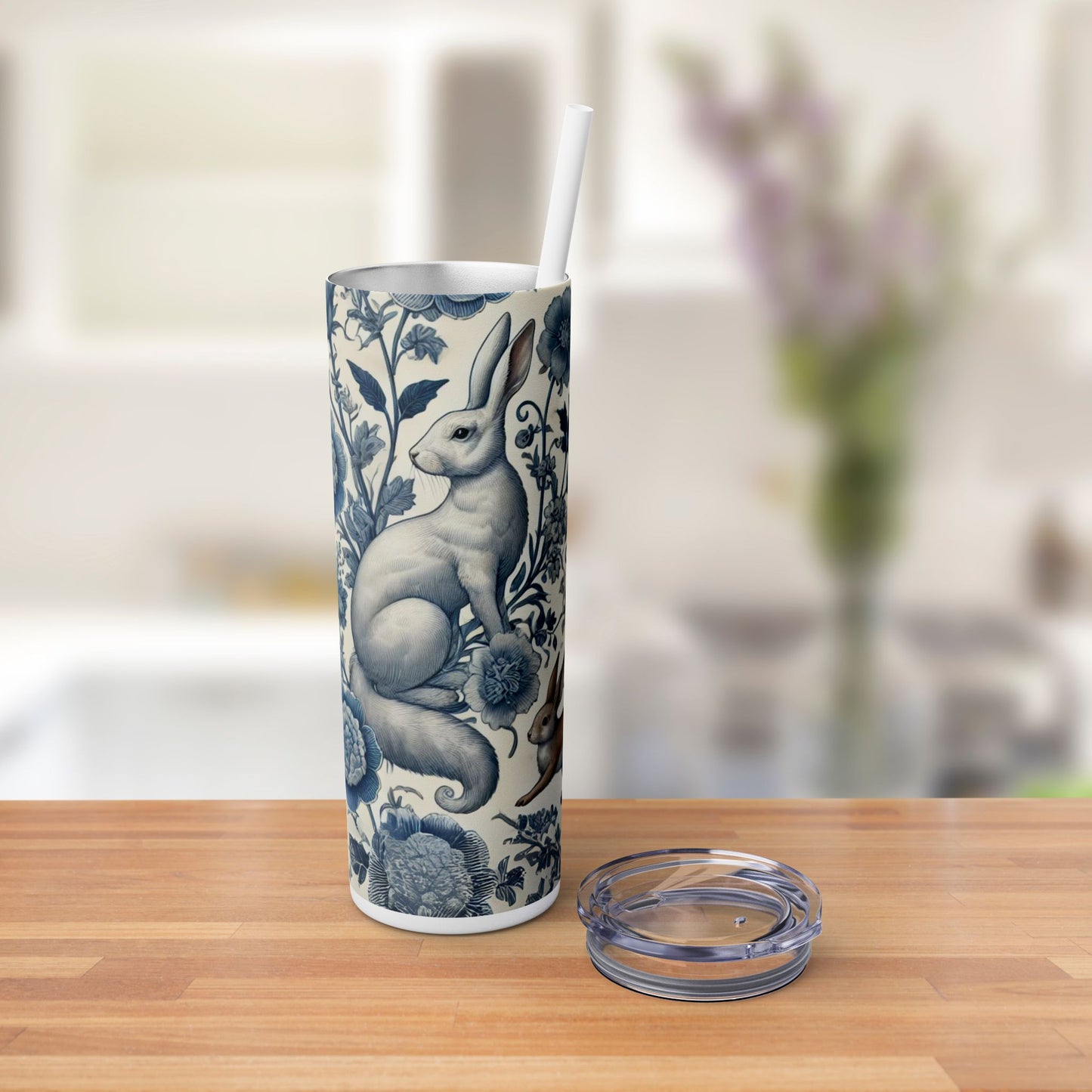 Chinoiserie Blue & White Forest Animals Tumbler | 20oz Maars Stainless Steel Insulated Tumbler with Lid & Straw | Fox & Rabbit Floral Travel Mug