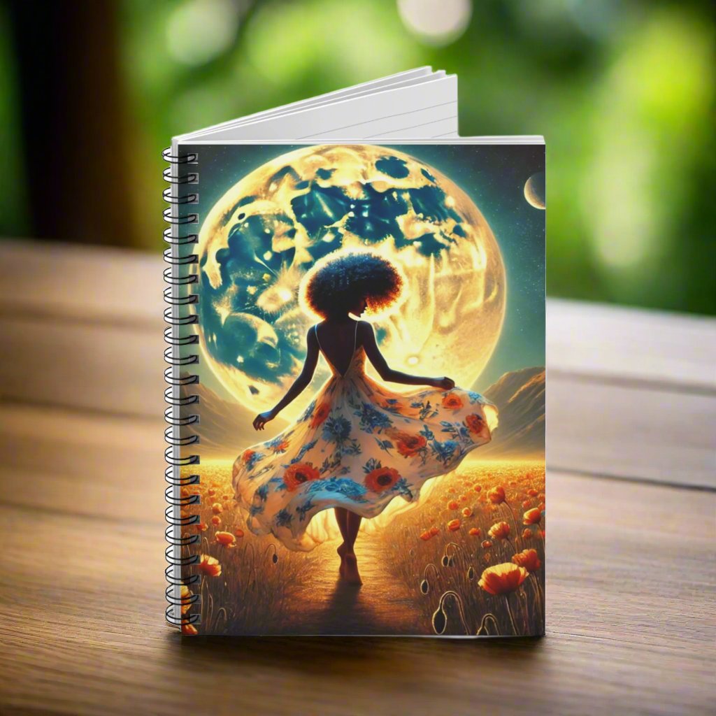 "Moonlit Elegance" Spiral Notebook | Artistic Journal with Floral Dress and Celestial Moon Design | Inspirational Stationery for Writers and Dreamers