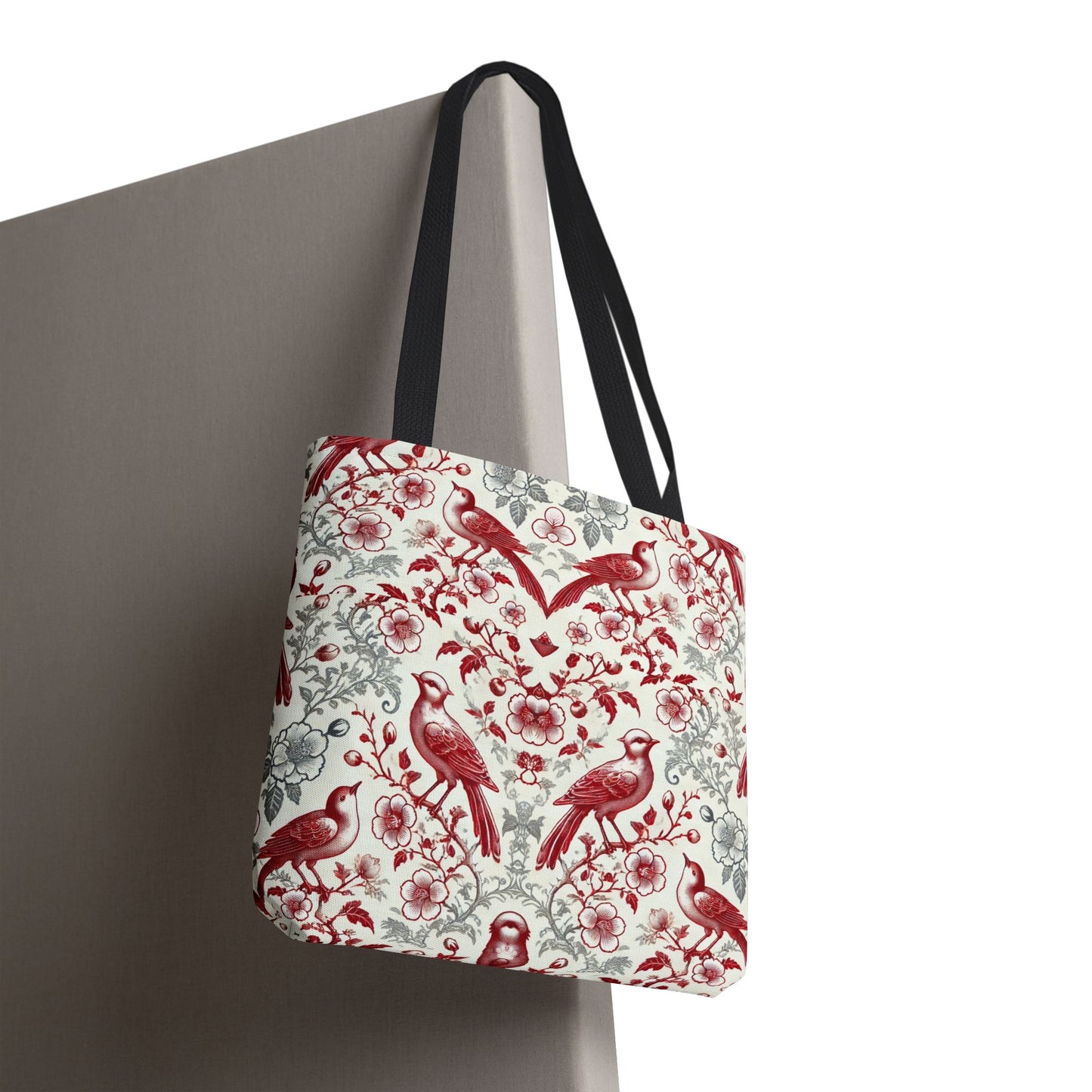 Red & Gray Chinoiserie Bird Tote Bag | Elegant Vintage Floral Baroque Tote | White or Black Handle Option | Reusable Fabric Bag