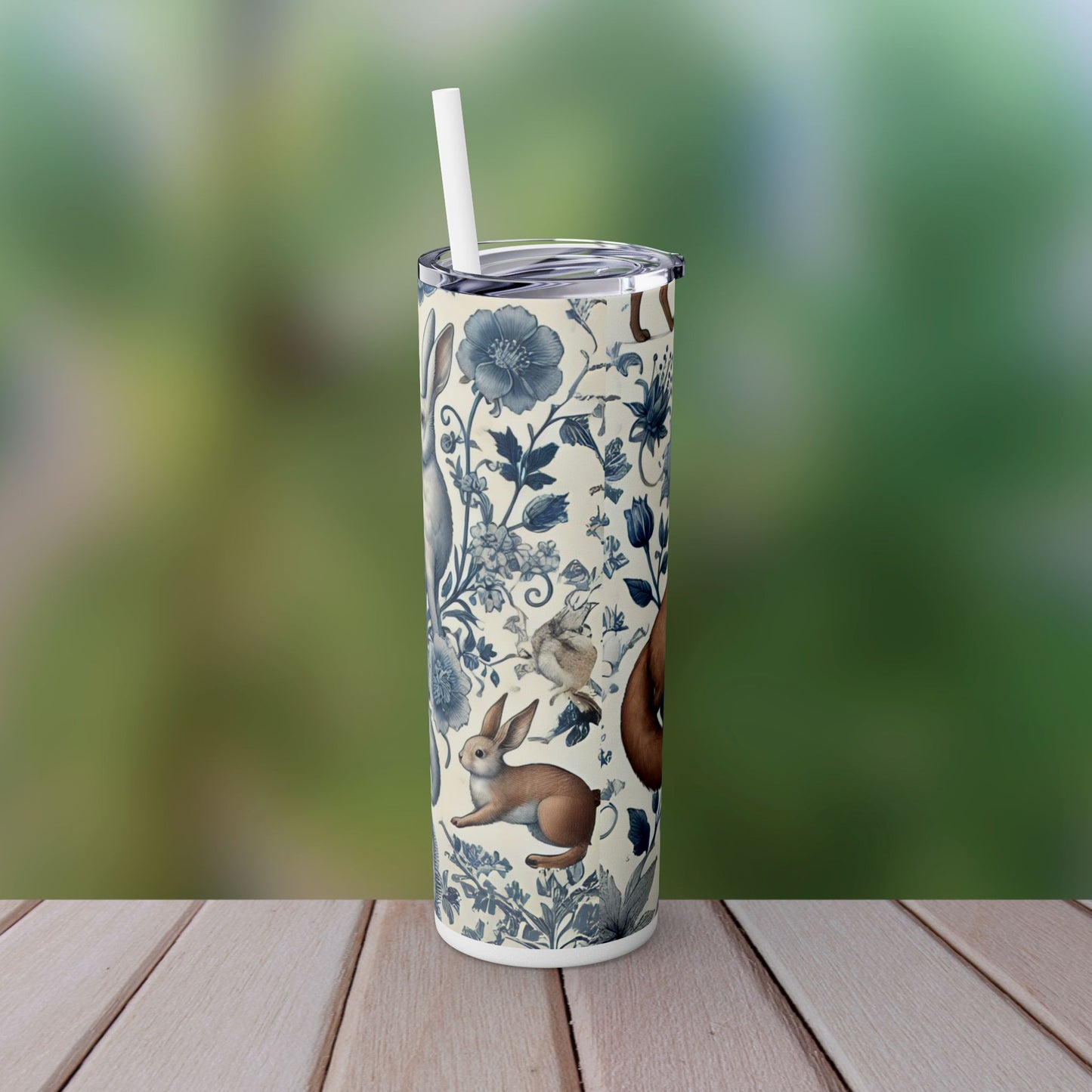 Chinoiserie Blue & White Forest Animals Tumbler | 20oz Maars Stainless Steel Insulated Tumbler with Lid & Straw | Fox & Rabbit Floral Travel Mug