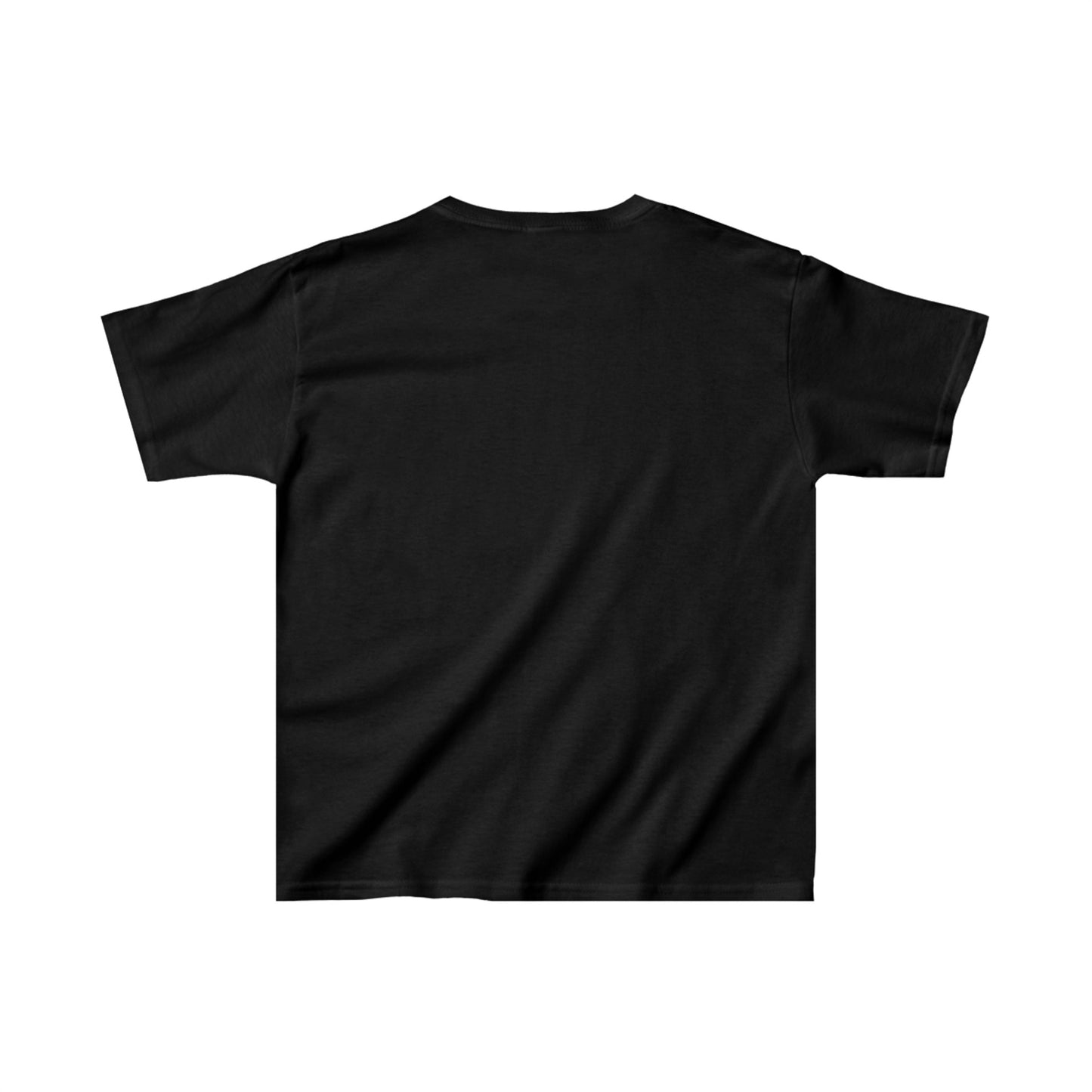 Back view of black "Pumpkin Heads Unite!" kids Halloween T-shirt in 100% cotton.