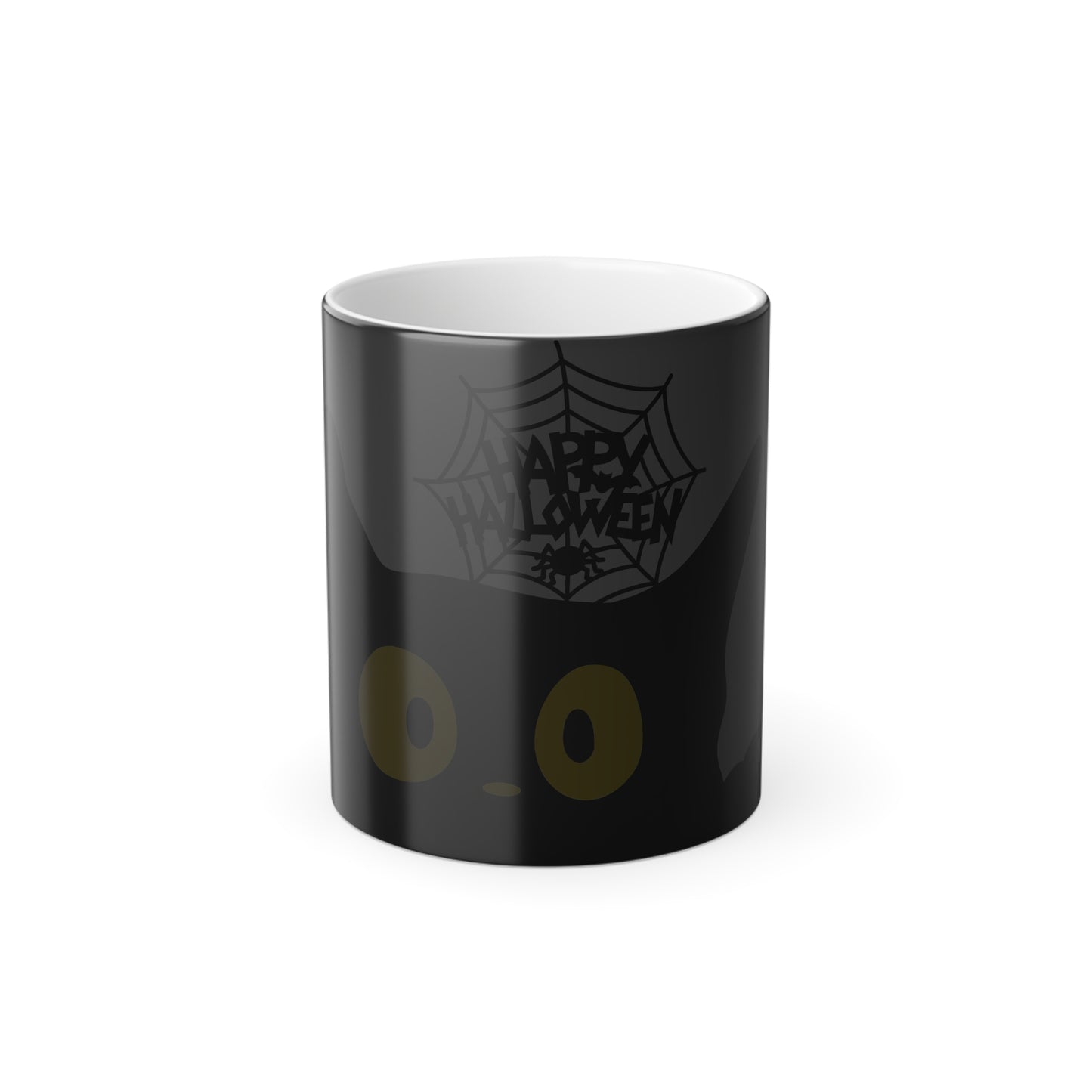 Magic morphing Halloween mug with black cat design on an white background, 11oz coffee cup