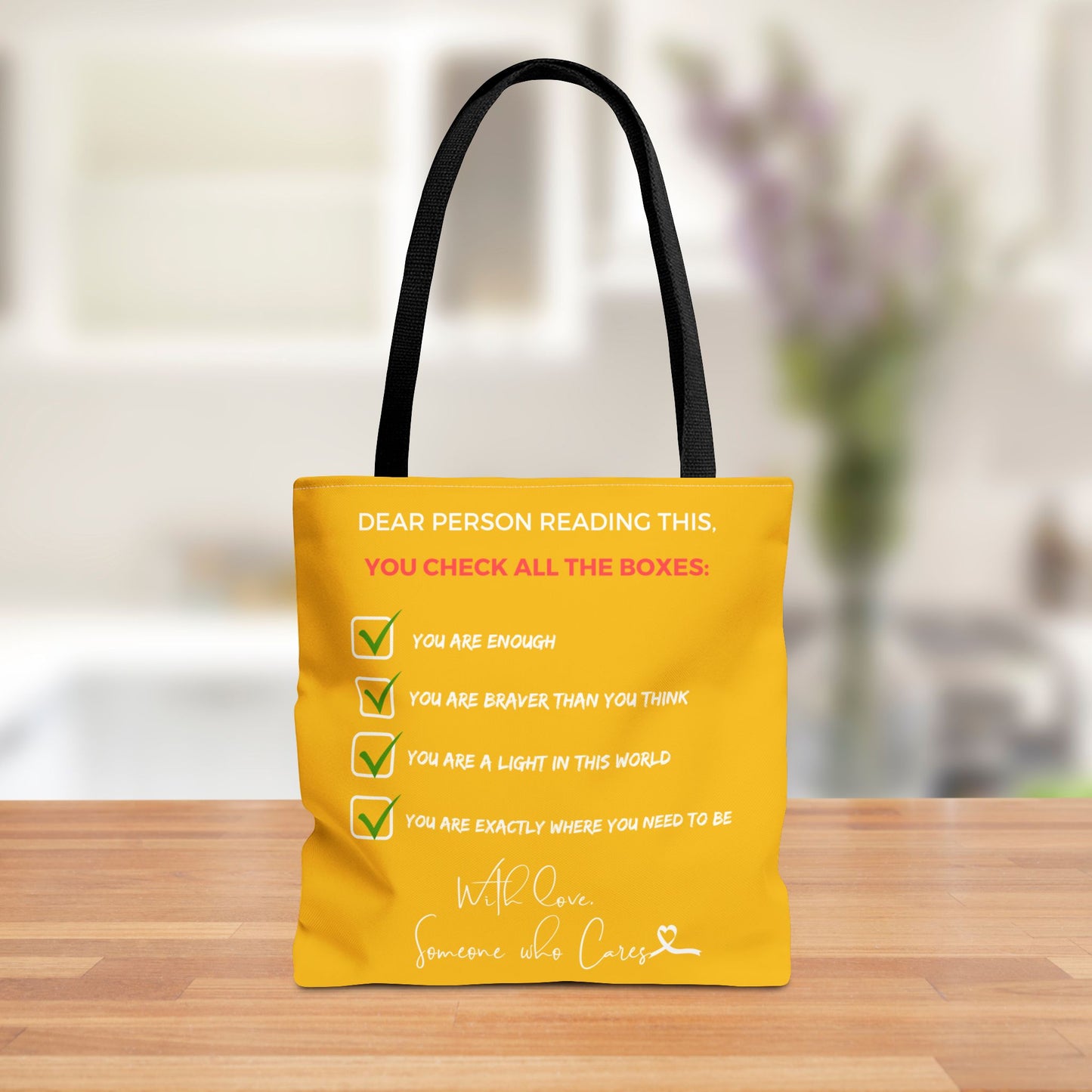 Reversible "Dear Person Reading This" & "Happy Vibes" Motivational Tote Bag | Yellow