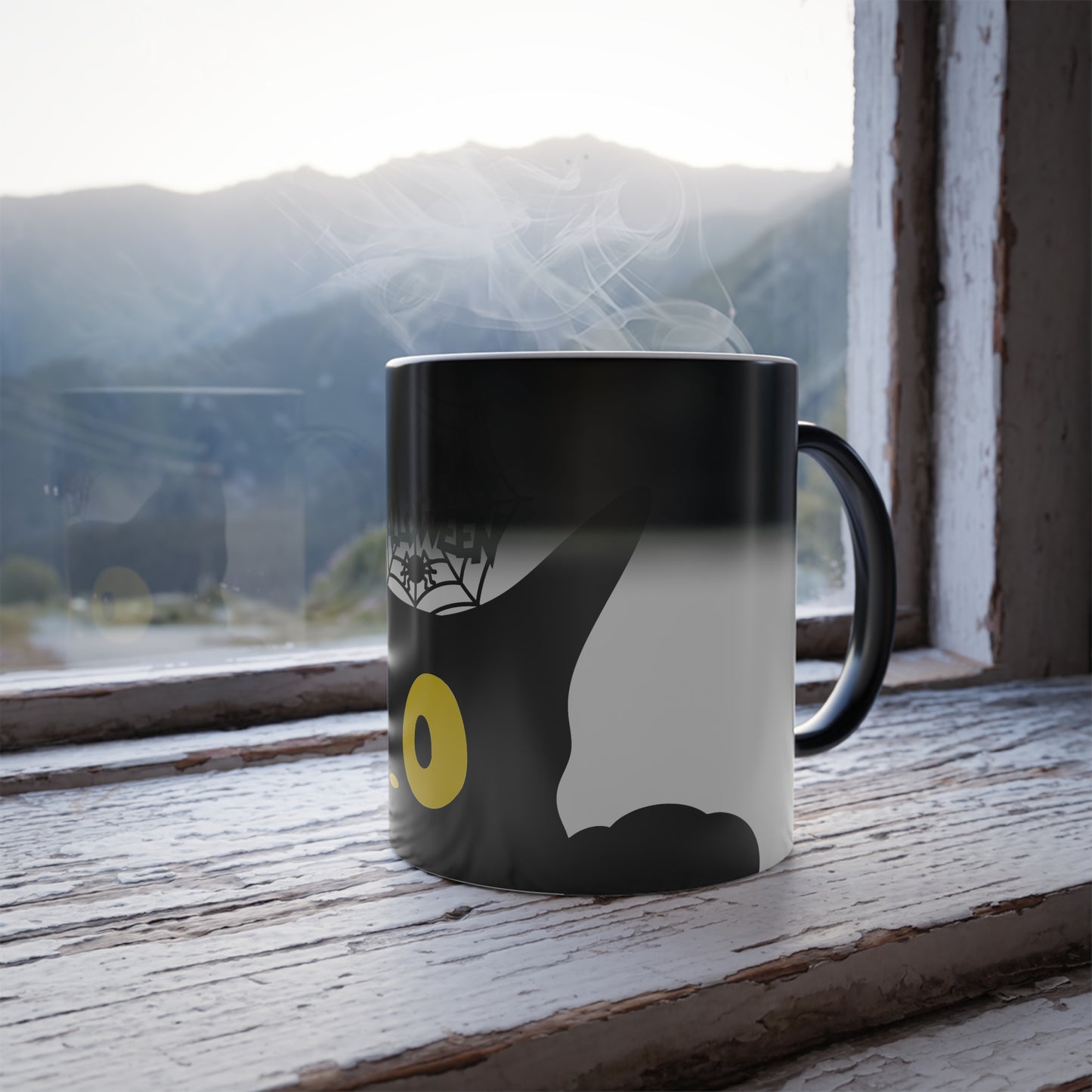 Magic morphing Halloween mug with black cat design on an white background, 11oz coffee cup