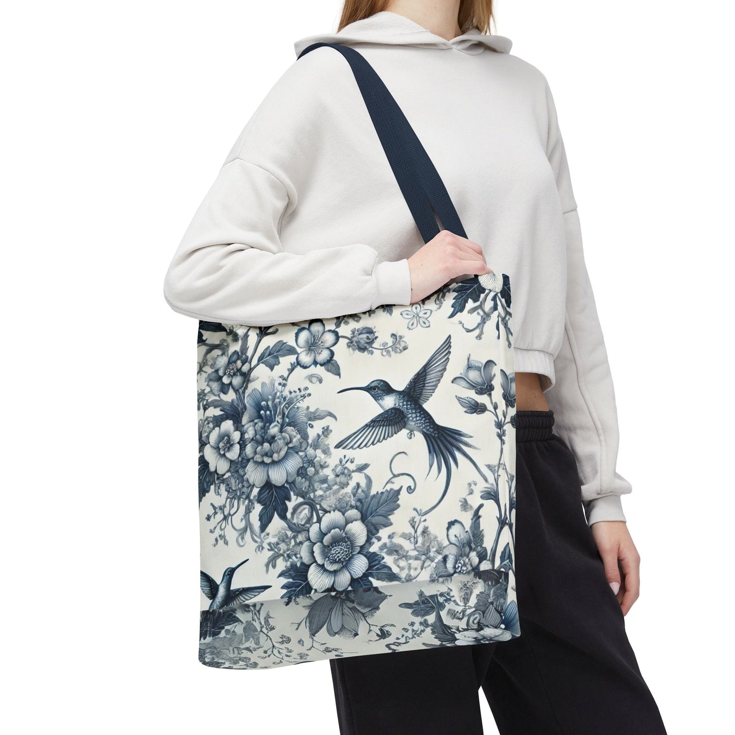 Chinoiserie Hummingbird Tote Bag – Blue & White Vintage Floral Bird Design | Durable Polyester Canvas | White or Navy Straps