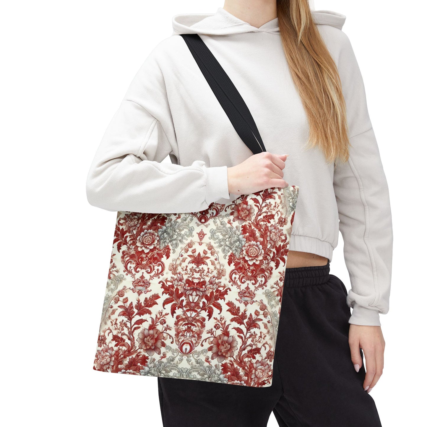 Luxury Red & Gray Chinoiserie Tote Bag – Elegant Floral Baroque Design | Black or White Handles | Stylish Everyday Carryall