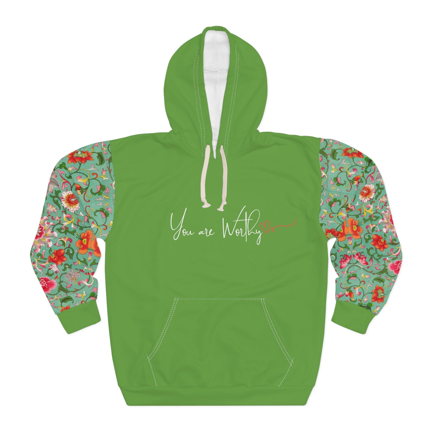 Front view of the inspirational floral hoodie with “You are Worthy” text and vibrant floral sleeves.