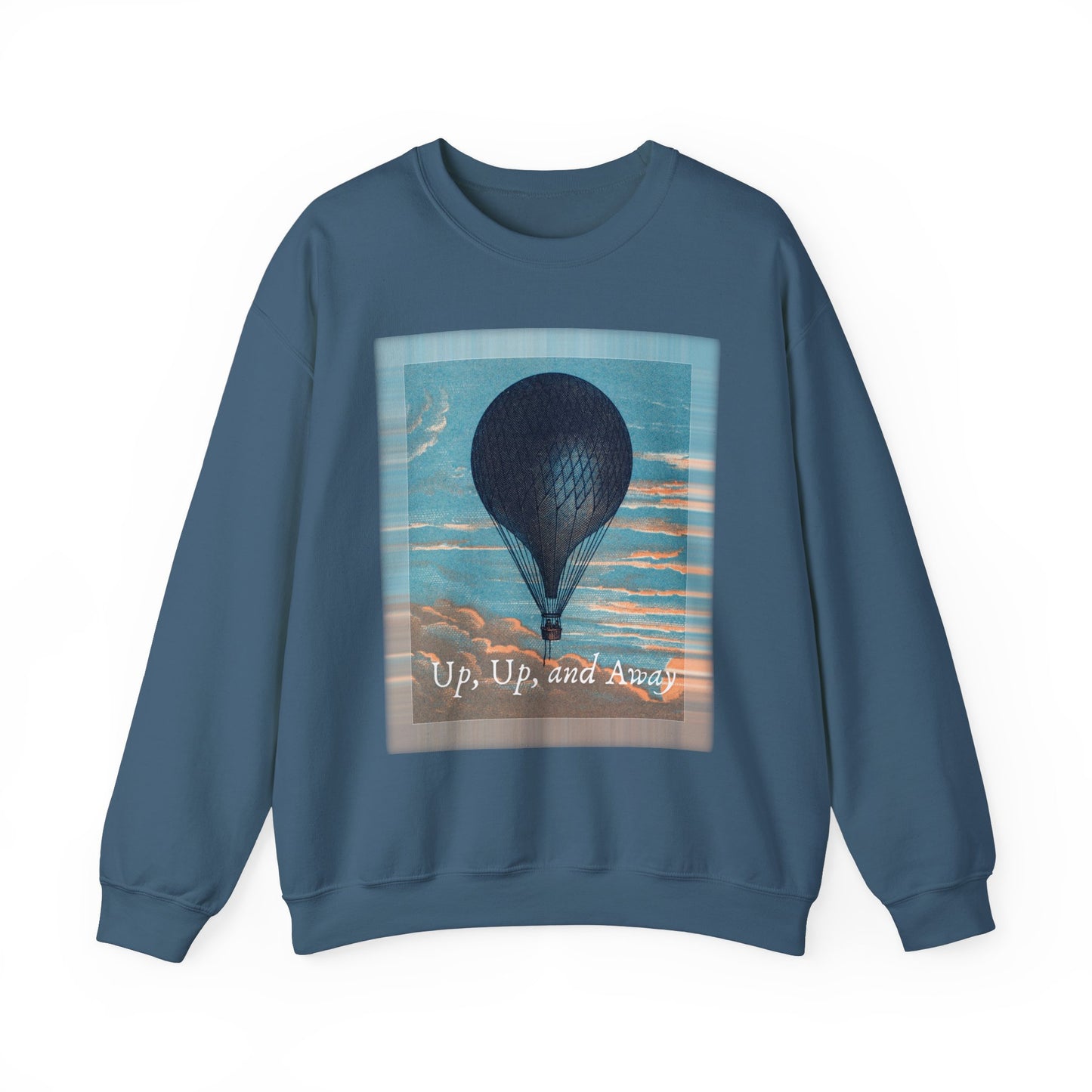 Front view of the "Up, Up, and Away" sweatshirt in indigo blue, featuring hot air balloon design
