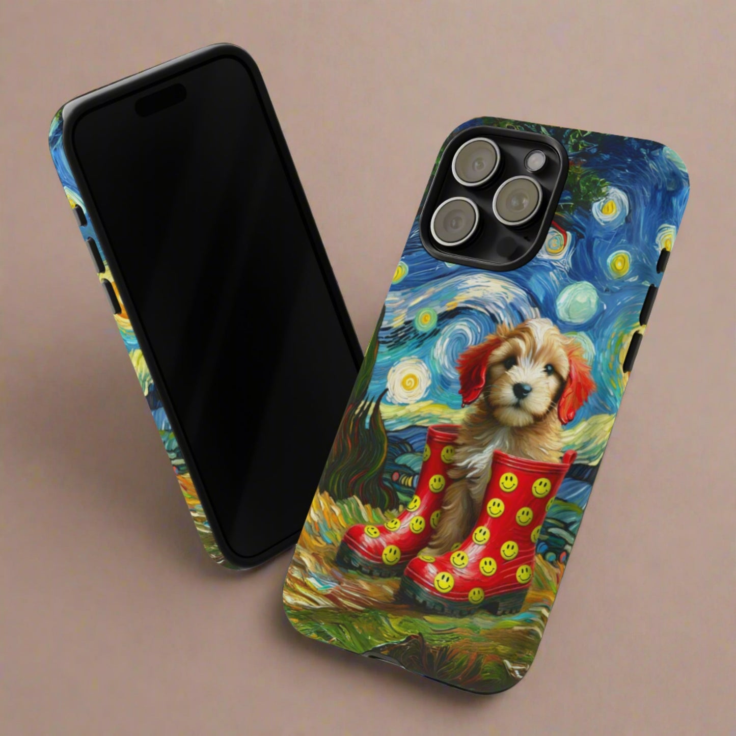 Starry Night Pup & Boots Case - Artistic Dual-Layered Protection for All Models Tough Cases