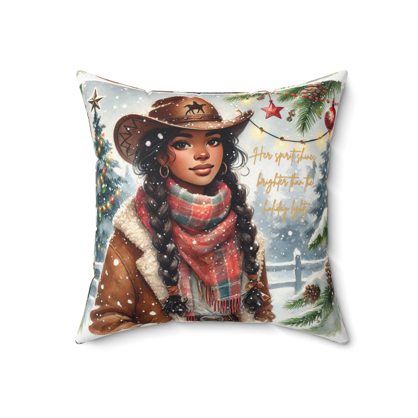 Decorative holiday pillow on a cozy chair, showcasing a rustic Western cowgirl in a snowy winter setting.