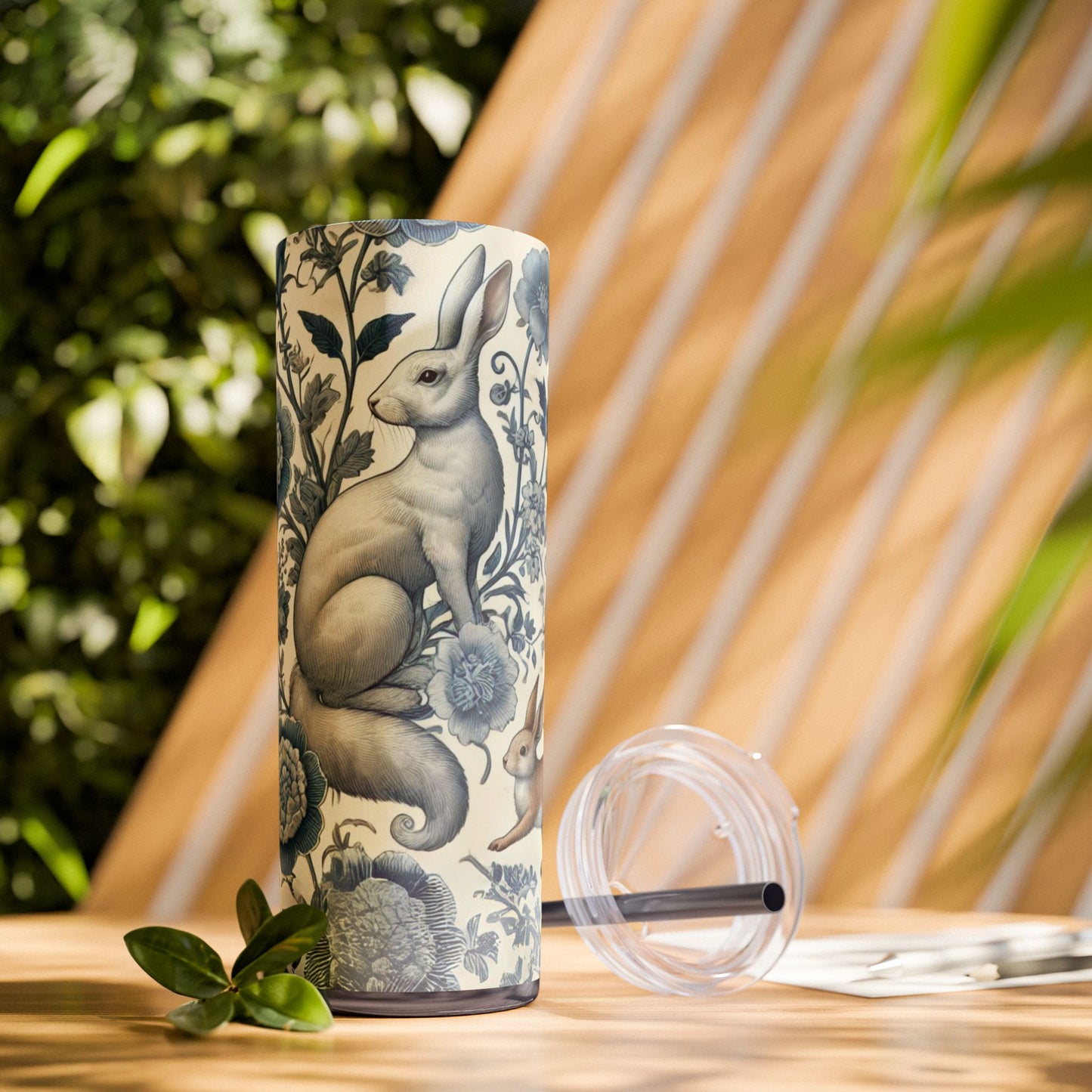 Chinoiserie Blue & White Forest Animals Tumbler | 20oz Maars Stainless Steel Insulated Tumbler with Lid & Straw | Fox & Rabbit Floral Travel Mug