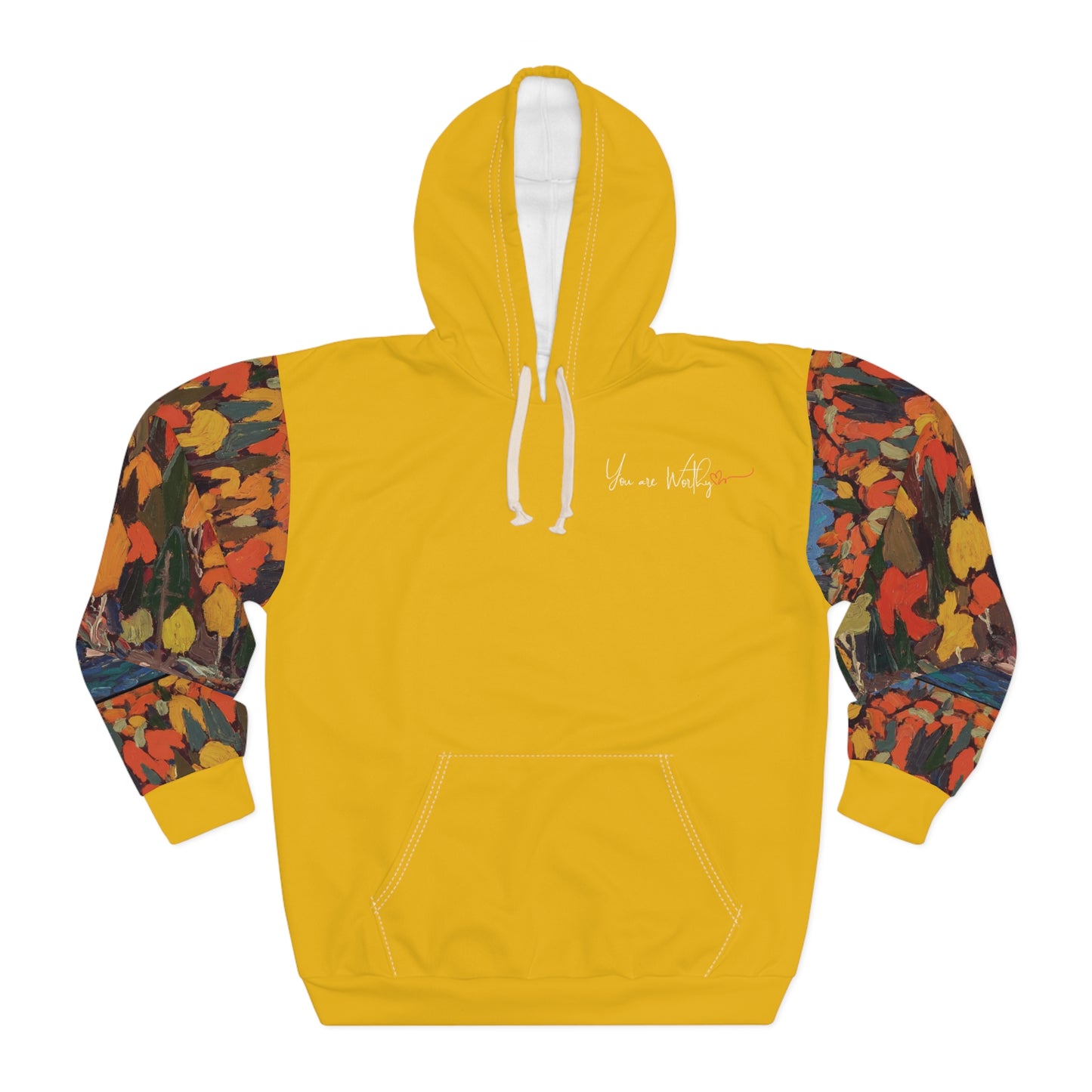 Front view of the autumn foliage hoodie featuring “You are Worthy” text and vibrant foliage print sleeves.