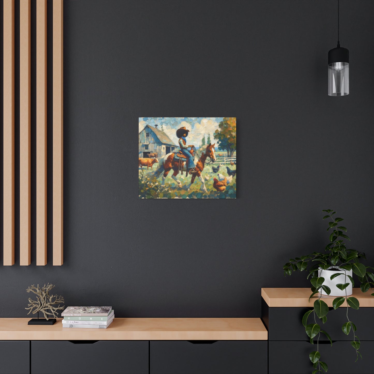 Rustic Farmhouse Wall Art | Cowgirl on Horse Stretched Canvas | Country Barnyard Decor