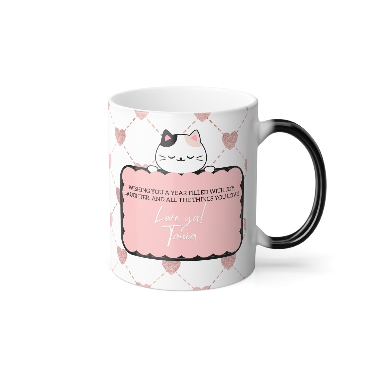 Personalized cat-themed birthday mug with hearts and custom note.