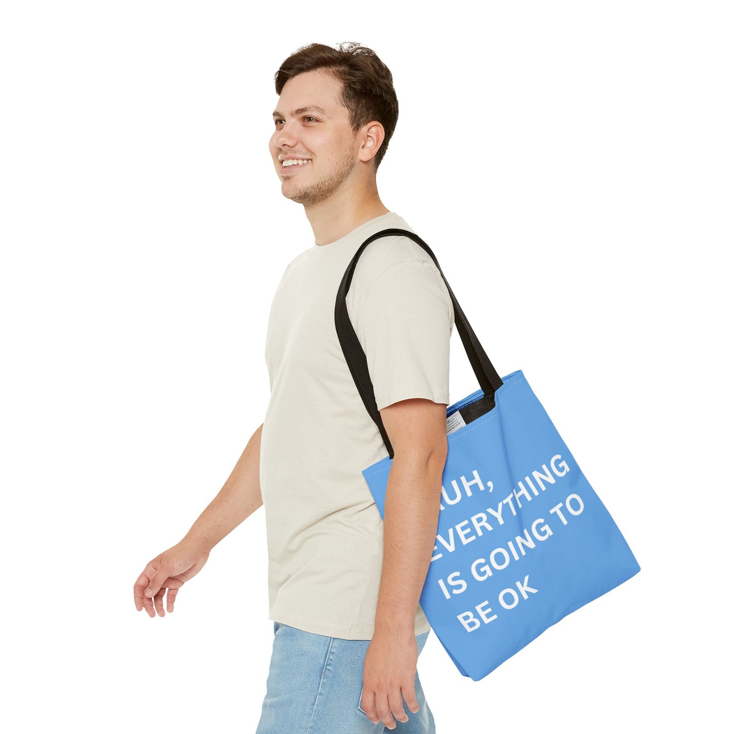 Close-up of a person carrying the minimalist tote bag, highlighting the motivational message in a clean and simple style.