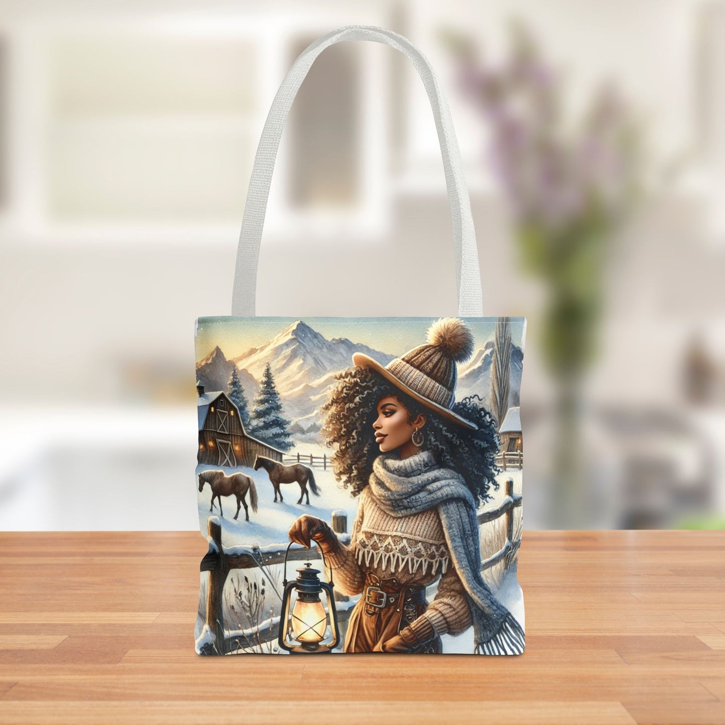 Winter Ranch Scene Tote Bag, Country Western-Inspired Polyester Tote with Cozy Lantern and Plaid Snowflake Backside | Perfect for Winter Fashion