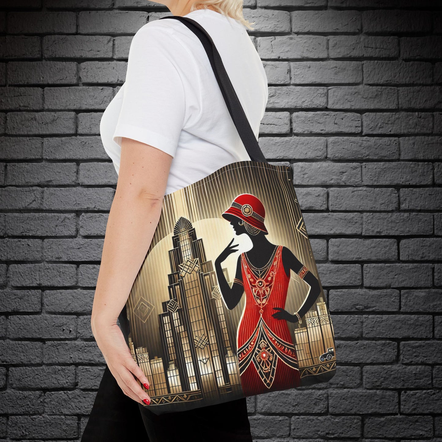 Lifestyle image of the tote bag displayed on a wooden surface, highlighting its vintage-inspired elegance.