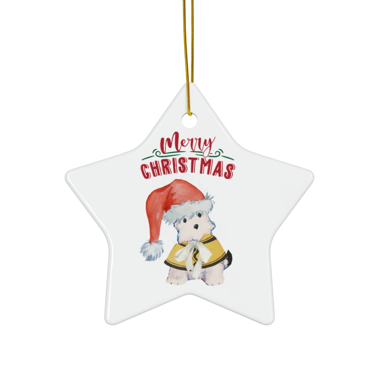 Star shape ceramic Christmas ornament featuring an adorable puppy named Bitsy wearing a Santa hat and a yellow coat, with the text 'Merry Christmas' in festive red and green font. The ornament is hung by a gold string.
