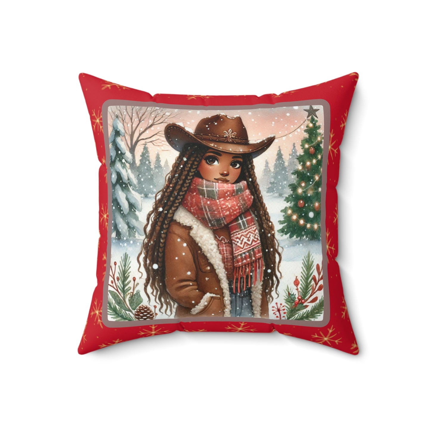 Rustic Cowgirl Christmas Pillow, Red and Gold Snowflake Throw Pillow, Festive Holiday Decorative Cushion with Zipper