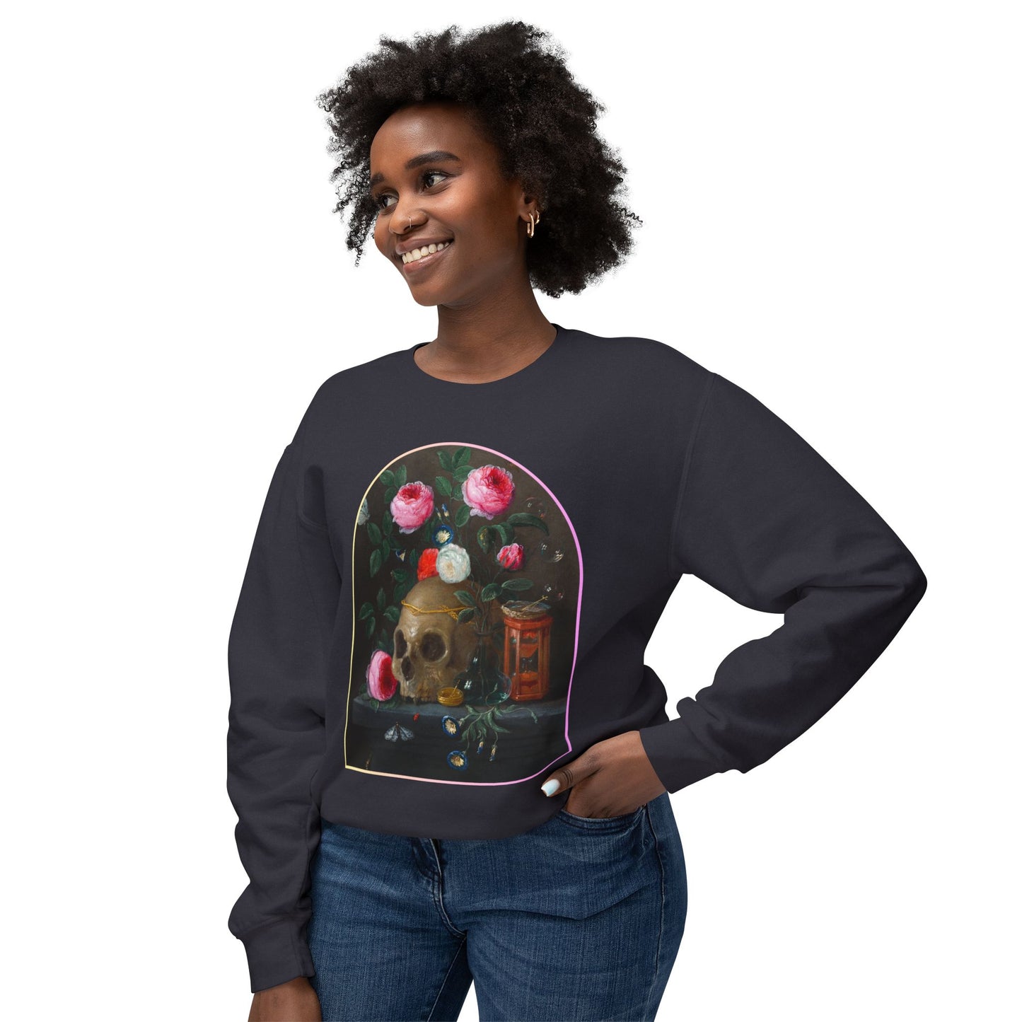 Front view of Vanitas Still Life Unisex Crewneck Sweatshirt featuring Jan van Kessel-inspired vintage art with a skull, roses, and symbolic objects.